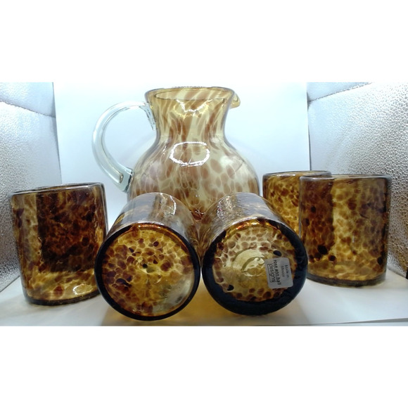 Blown Glass Tortoise Shell Leopard Mexico Rose Ann Hall Designs 6 Cups 1 Pitcher - Picture 2 of 4